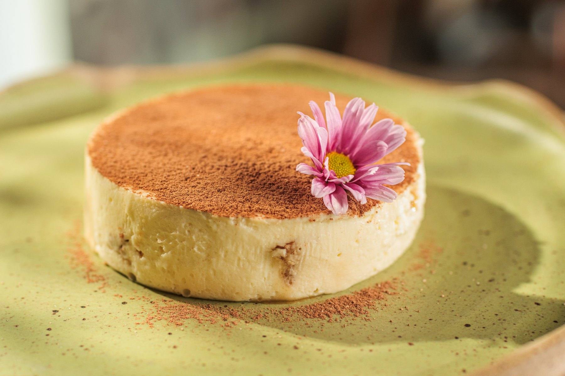 Tiramisù polvilhado com cacau e uma flor, em prato de cerâmica verde